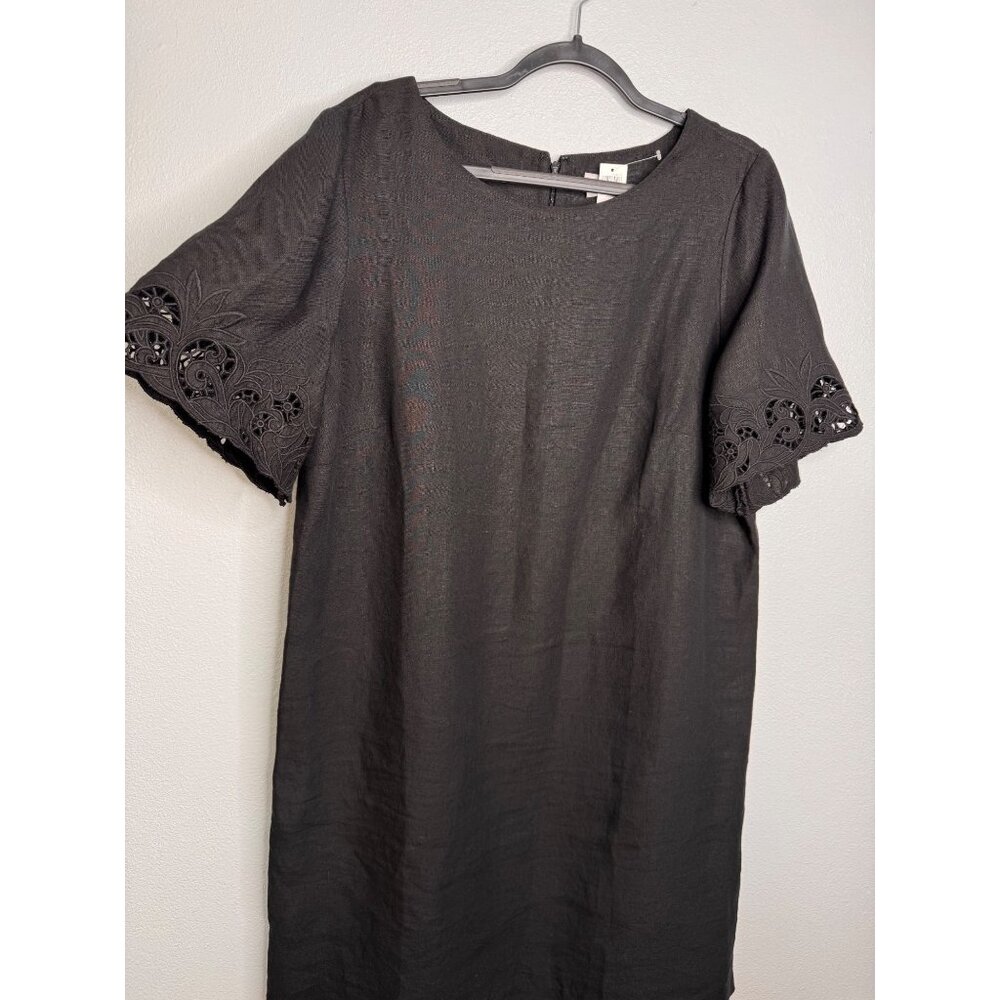 NWT Chico’s Black 100% Linen Midi Short Eyelet Sleeve Dress SZ 3 Travel